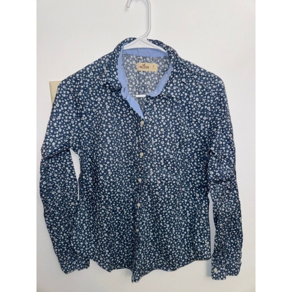 Hollister Women Blue White Floral Ditsy Button Down Long Sleeve Shirt SM (E)